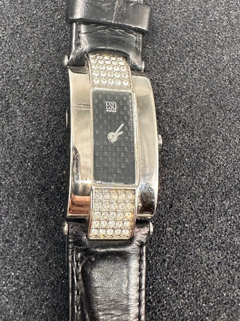 ESQ Watch Women Silver Tone Crystal Accents Black Leather Band New Battery